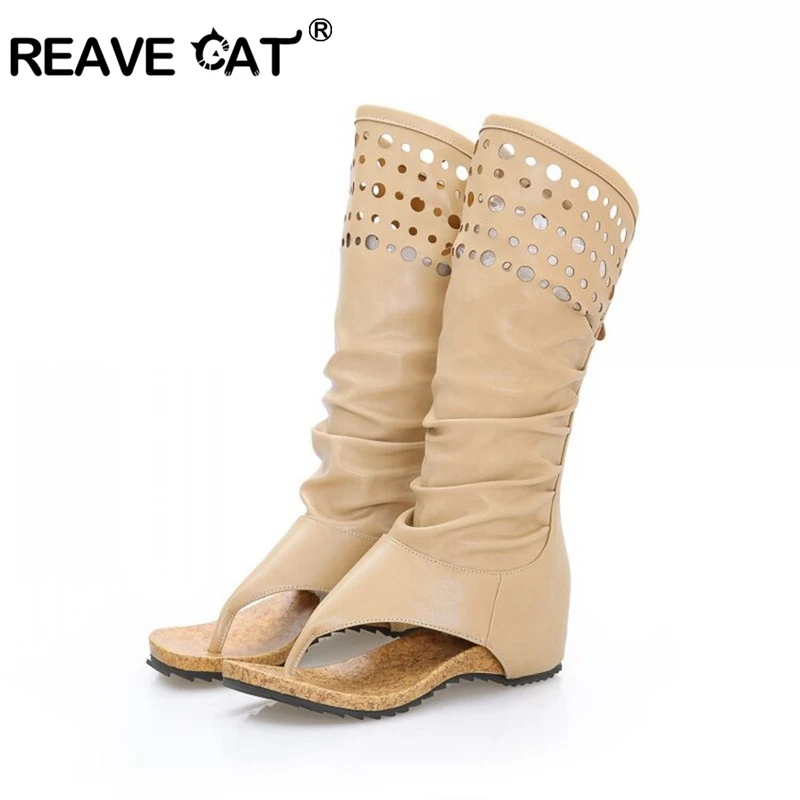 

Женские босоножки до середины икры Reave Cat, летние винтажные повседневные босоножки цвета хаки больших размеров 43 на плоской подошве и высоком каблуке 35 см с вырезами и пряжкой