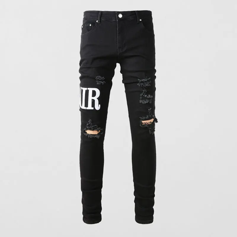 

High Street Fashion Men Jeans Black Stretch Elastic Skinny Fit Ripped Jeans Men Punk Trousers Patch Designer Hip Hop Brand Pants