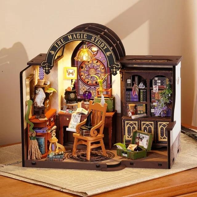 Robotime DIY Miniature House Kit-The Magic Study kit with LED and Furniture Wooden Dollhouse Model Building Kit Gift for Adults
