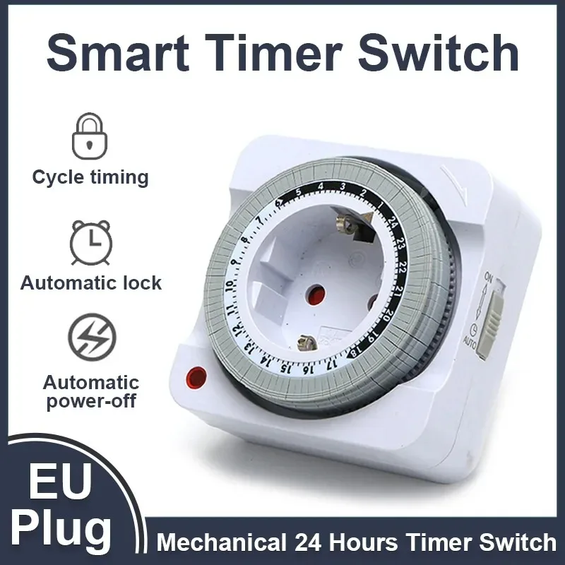 24 Hours Mechanical Timer Switch Indoor EU Plug Socket Auto Power-Off Smart Countdown Cycle Timing