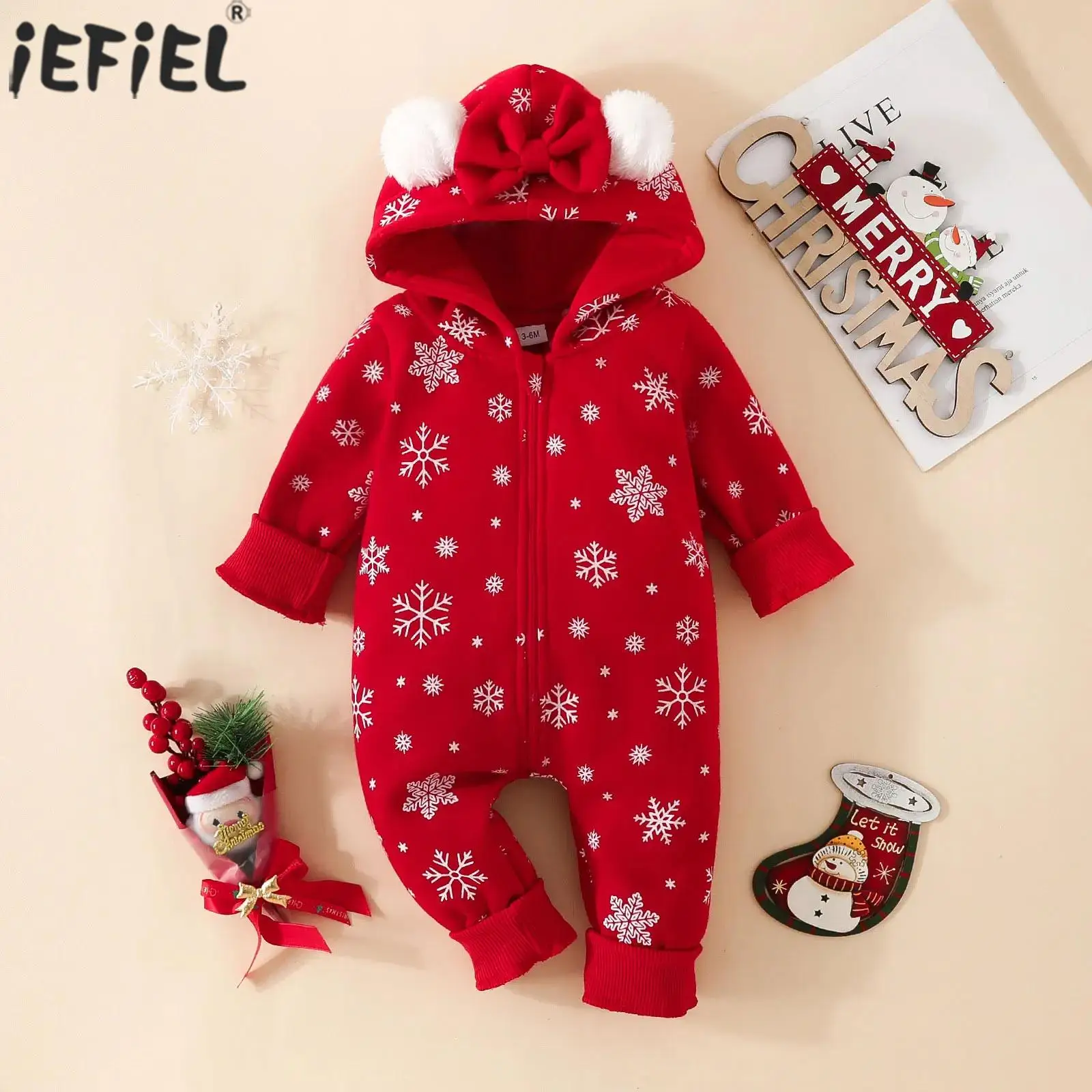 

Newborn Baby Girls Christmas Santa Costume Xmas Party Hooded Jumpsuit Long Sleeve Bow Pom-pom Snowflakes Print Zipper Romper