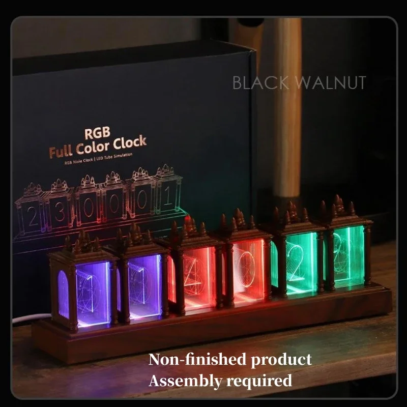 Digital Nixie Tube Clock Assembly Required with RGB LED Glows Table Clock Wood grain color  