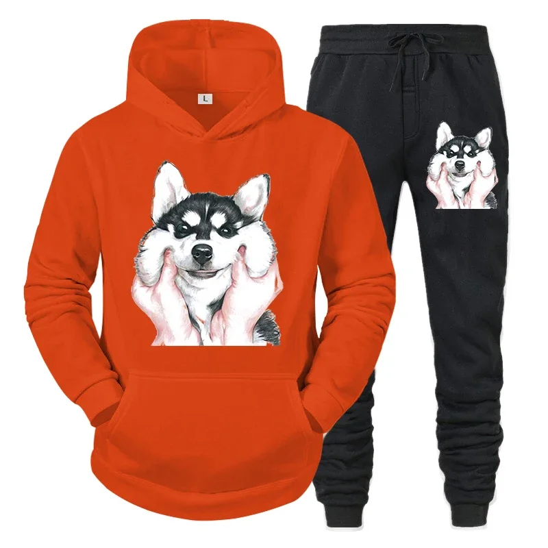 thumbnail image 1 of Conjunto deportivo divertido y bonito con estampado de husky para hombre, sudadera con capucha y pantalones de manga larga estilo callejero Y2K, conjunto de 2 piezas con capucha de perro y animal de a, 1 of 5
