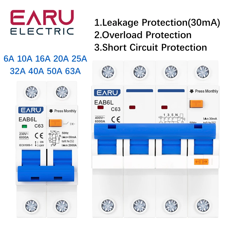 Circuit Breaker Three-Phase RCD 3P 4P Leakage Protector 15mA 30mA RCBO
