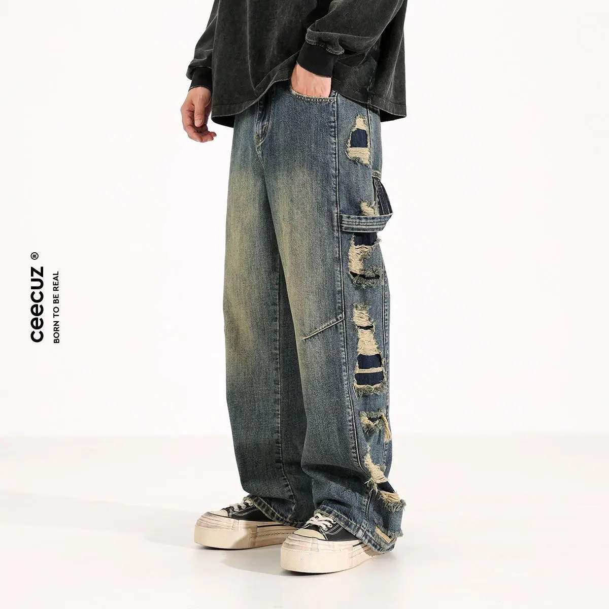 American Spring and Autumn Season Men and Women Trendy Personalized Loose Straight Jeans Couple Retro Washed Casual Pants y2k 2