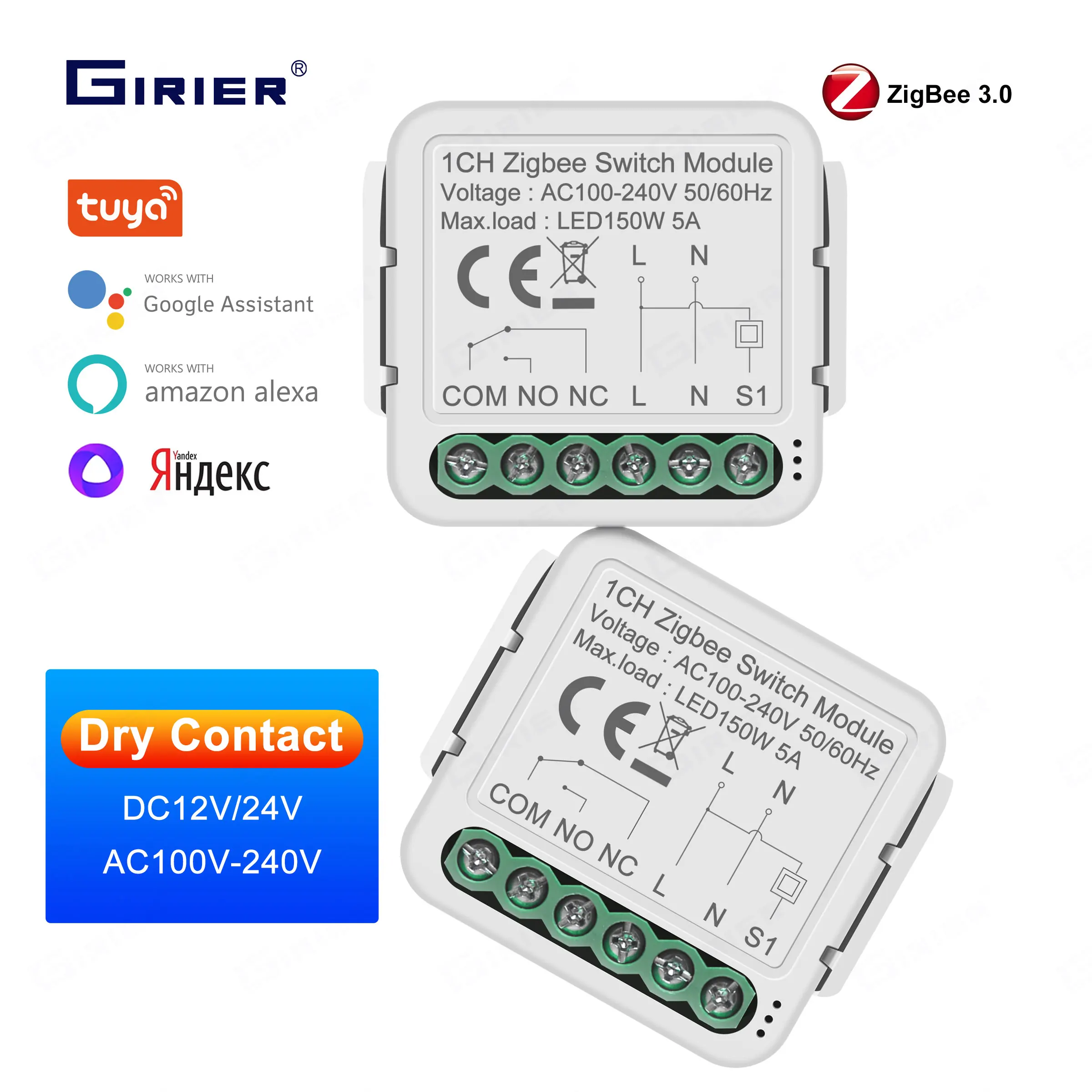 Girier Tuya Smart Zigbee Switch Module 5A Dry Contact Universal Breaker Relay Dc 12/24V Ac 100-240V Funziona Con Google Home Alexa