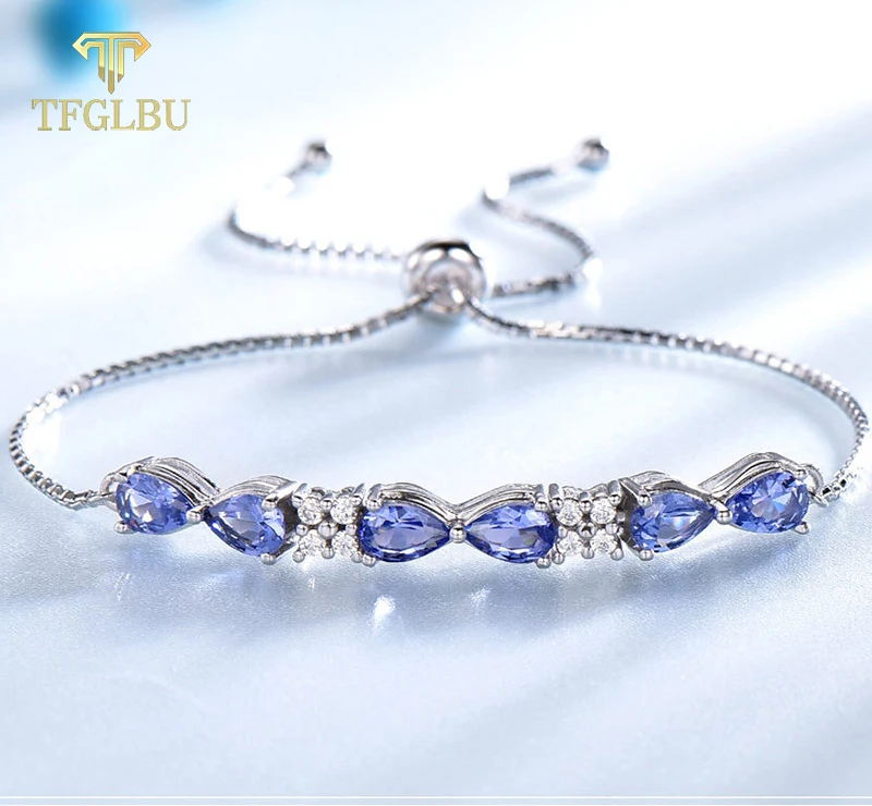 

TFGLBU 4*6mm Pear Cut Nano Tanzanite Bracelet for Women New Bule/purple Gem Solid 925 Silver Adjustable Bangle Birthday Gift