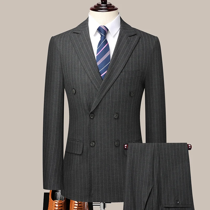 Men's Double-Breasted Striped Suit And Trousers Two-Piece Set Fashionable Handsome Business Casual Boutique M-6XL formal suit business men clothing