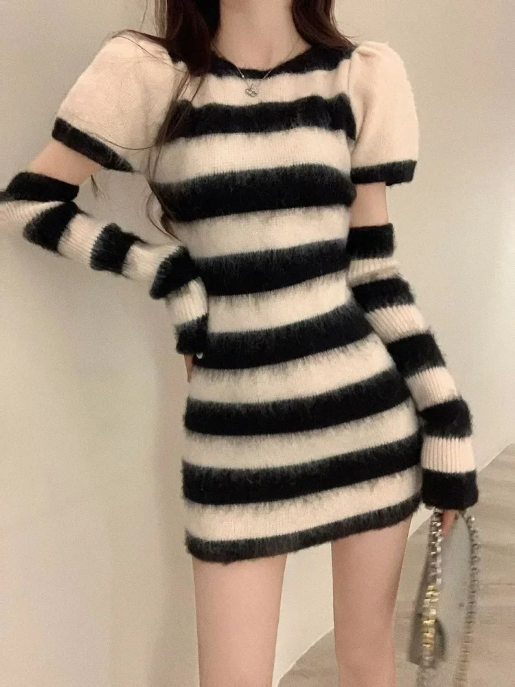 

QWEEK 2023 Knitted Sweater Striped Mini Bodycon Dress Women Autumn Winter Korean Style Kpop Casual Streetwear Short Dresses