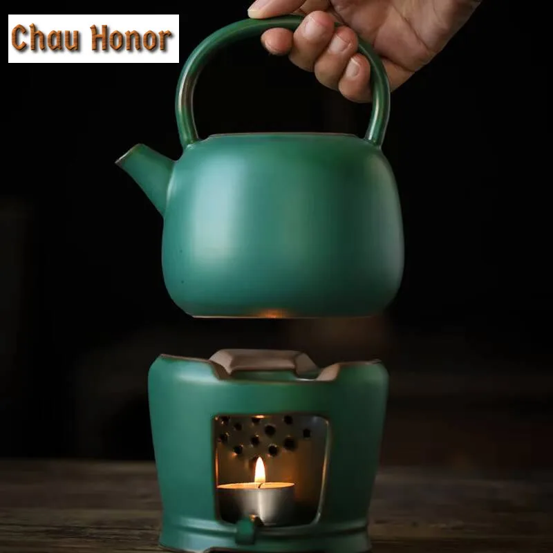 480ml Japanese Style Turquoise Coarse Ceramic Handle Beam Pot Large Household Kung Fu Tea Set Tea Ceremony Tea Making Pot Gift