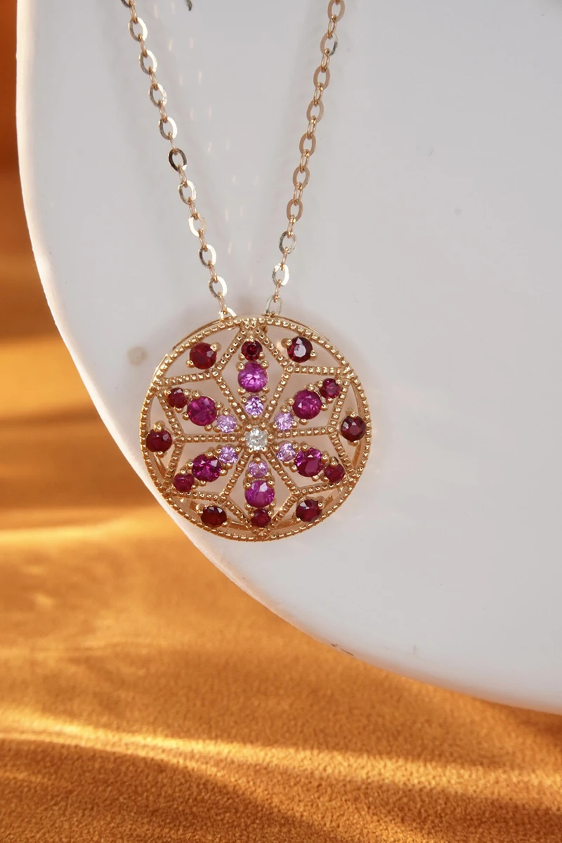 LUOWEND 18K White or Rose Gold Necklace Real Natural Ruby or Sapphire Necklace Vintage Design Diamond Jewelry for Women Wedding