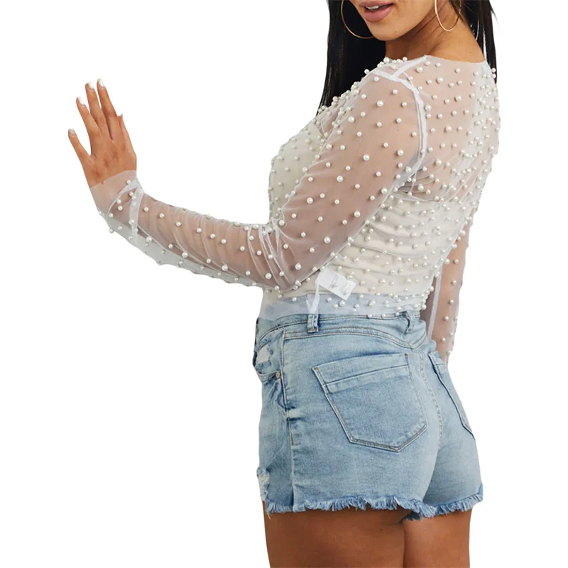 Sheer Mesh Top with Pearls Women y2k Clothing See Through Round Neck Long Sleeve T Shirt 2000s Clothes Party Clubwear