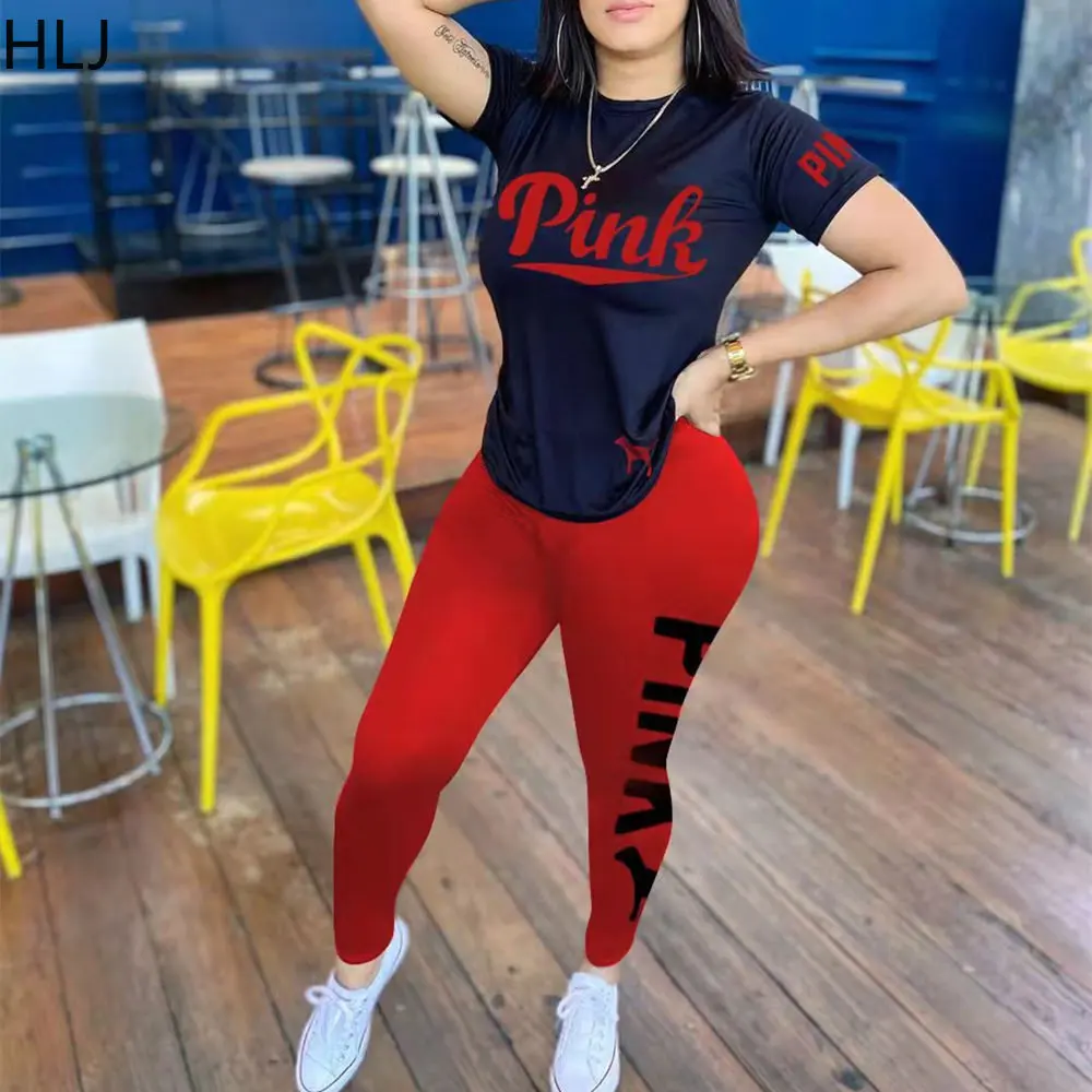 

HLJ Spring New PINK Letter Print Tracksuits Women Round Neck Short Sleeve Top + Legging Pants Two Piece Sets Female 2pcs Outfits