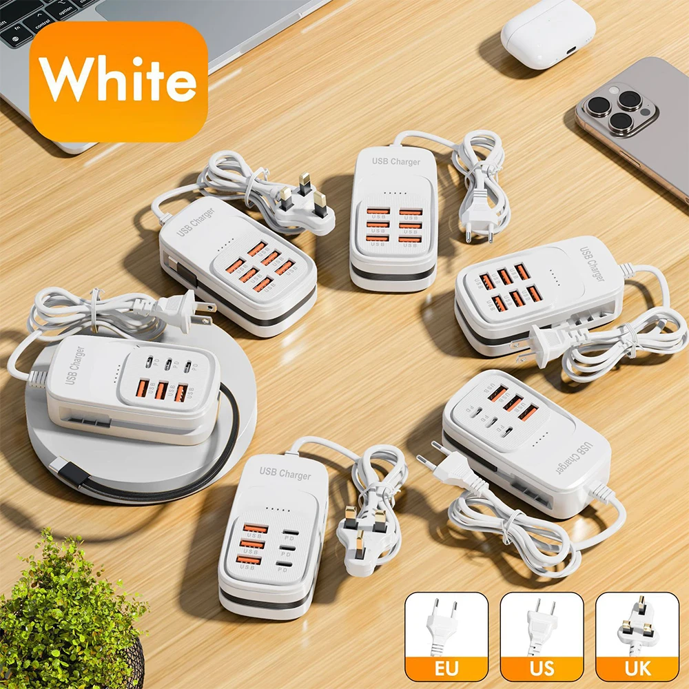 Multi-Port USB Charging Station with Type-C Cable and Power Strip Adapter
