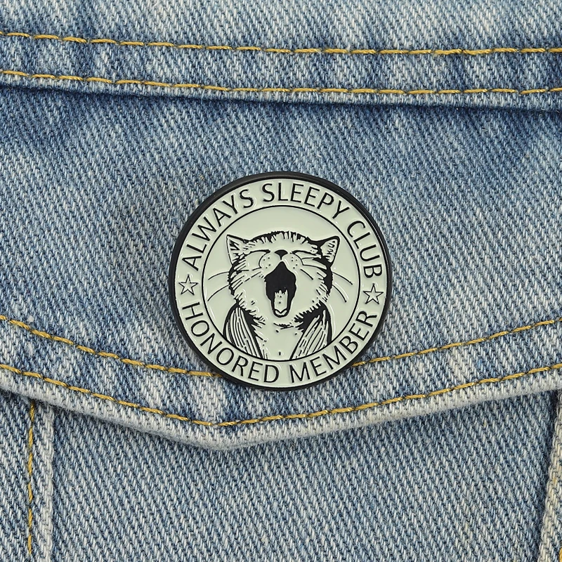 Always Sleeping Club Enamel Pins Cartoon Cute Cat Yawn Brooches Lapel Badges Retro Sassy Animal Jewelry Gift for Kids Friends