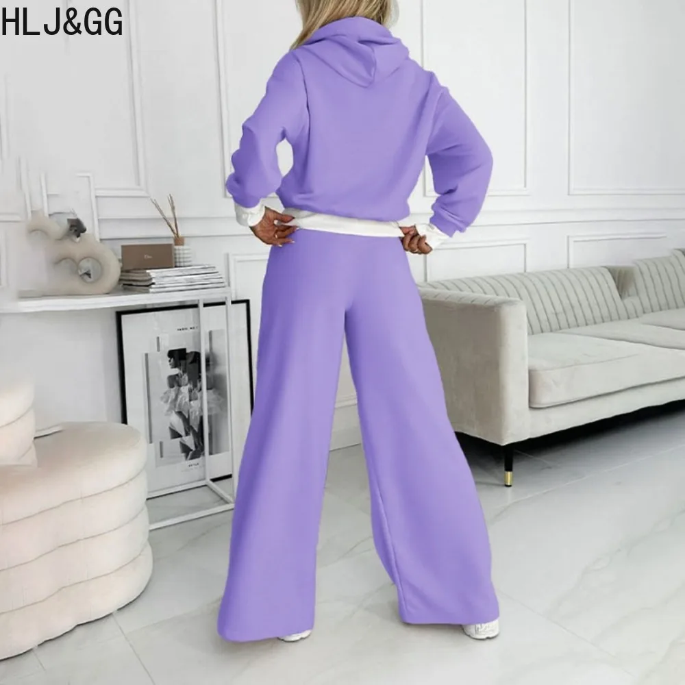 HLJ&GG Autumn Solid Wide Leg Pants Two Piece Sets Women Hooded Long Sleeve Top And Pants Tracksuits Casual Sporty 2pcs Outfits