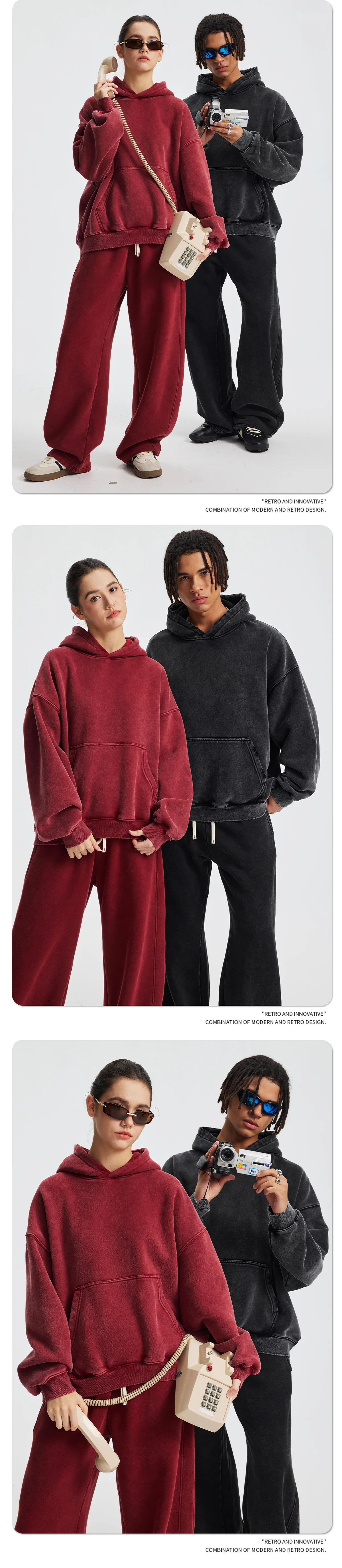 Custom LOGO men's new short BOXY version 370G heavy fleece worn old hooded sweater scimitar wide leg trousers couple suit