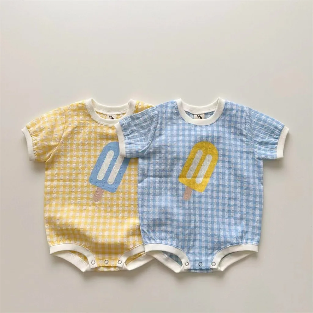 

2023 Summer New Baby Short Sleeve Plaid Bodysuit Newborn Breathable Cotton Infant Cute Ice Cream Jumpsuit Boy Girl Clothes 0-24M
