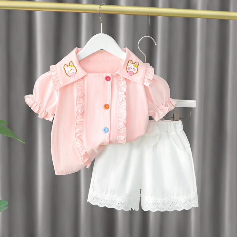 

Girls' Summer Suits New Small Children's Clothing Children's Short Sleeve Lapel Clothes Baby Girls' Shirt Trendy Shorts Summer C
