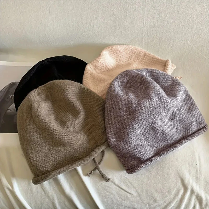 Fashion Drawstring Baggy Slouchy Beanie Bonnet For Women Solid Color Casual Knitted Woolen Skullies Caps