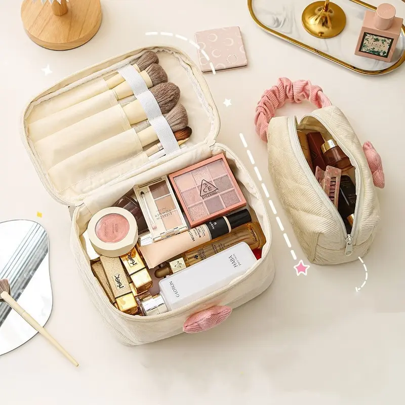 Cosmetic Bag Makeup Bag Set 1 Set Solid Color Flower Zipper Corduroy for Female Travel