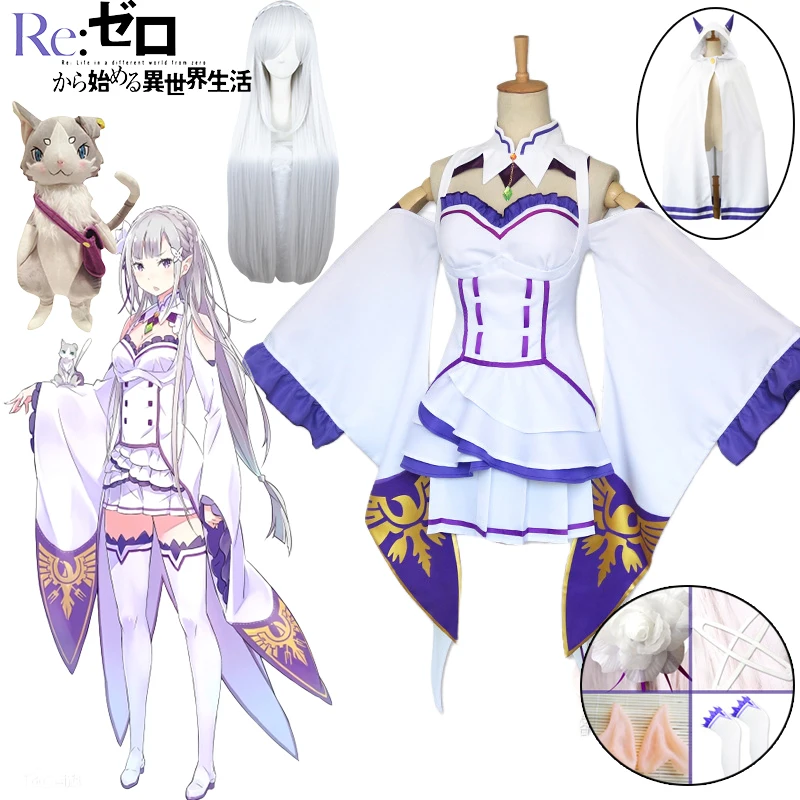 

Re Life in A Different World From Zero Emilia Cosplay Costume Doll Women Dress Cloak Headdress Halloween Costumes Role Play Wig