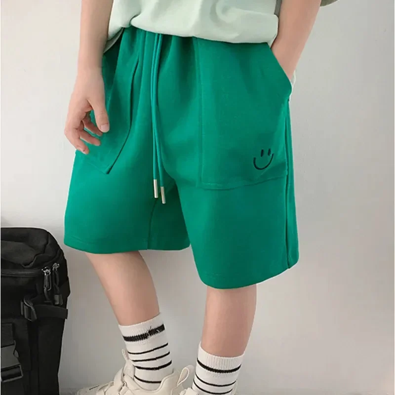 New Hot Sale Of The Season Boys Embroidered Loose Fit Five-Quarter Pants Casual Comfortable Spring Summer Children's Smiling Fac