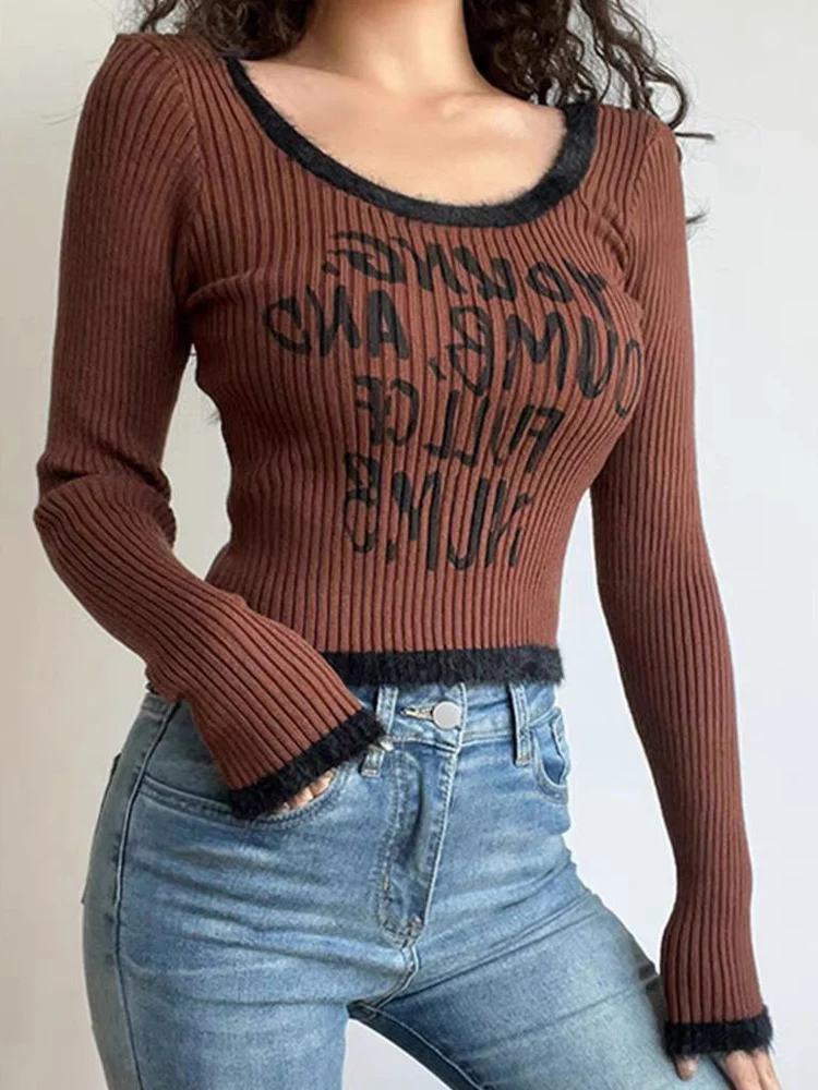 

QOERLIN Sexy Spicy Girl Minimalist Letter Knitted Sweater Women's 2024 Autumn Winter One-Line Neck Spliced Fur With Bottom Tops