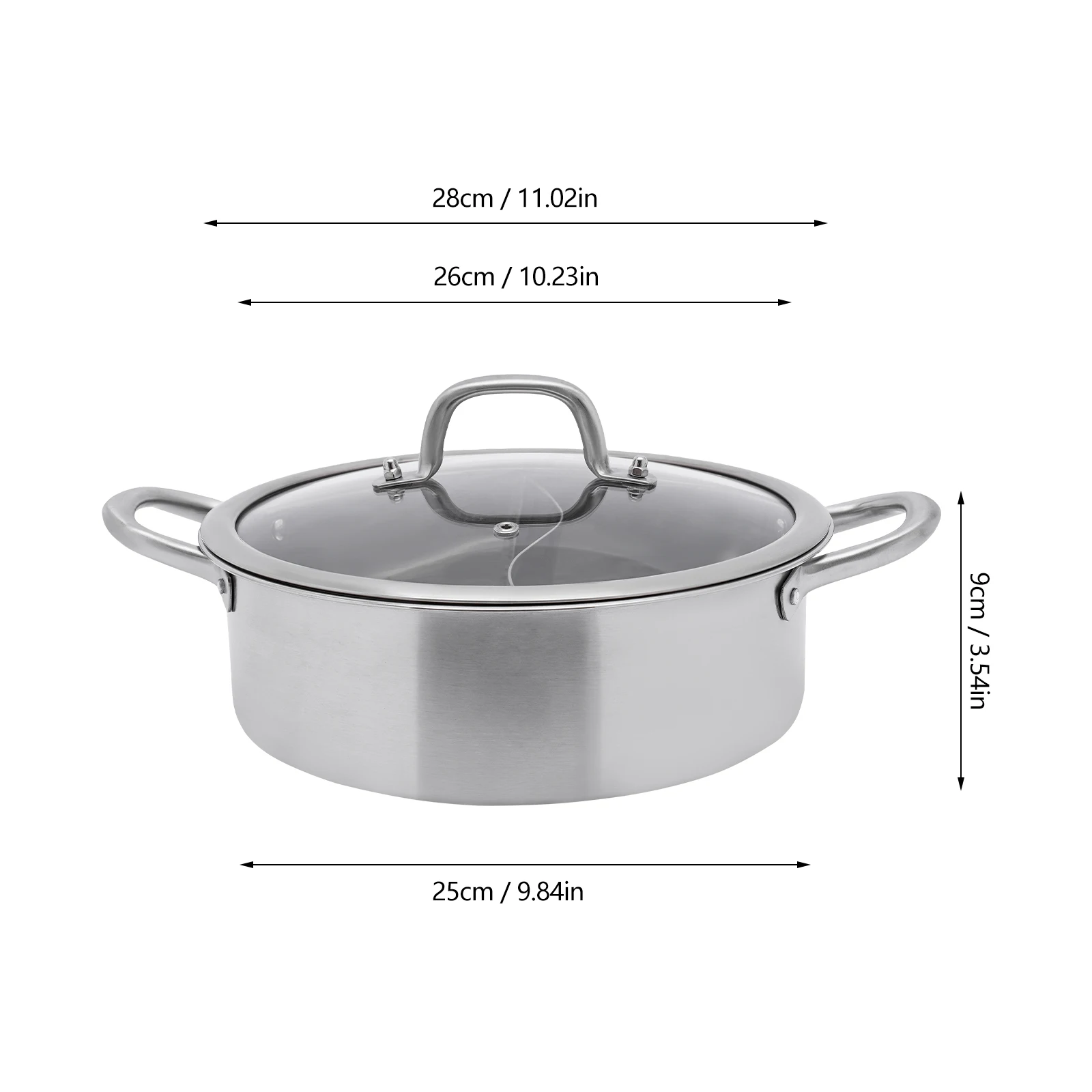 26cm Divided Hot Pots Stainless Steel Fondue Induction Shabu Shabu Pot with Divider Double-flavor Hot Pot Cooking for Kitchen