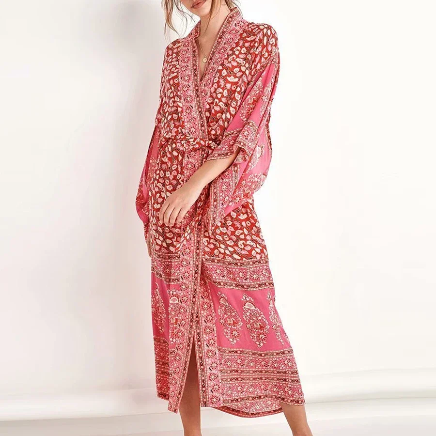 AYUALIN pink Chiffon Floral Print Cover up beach wear Blouse women Vintage Kimono CardiganTops Blusas femme boho swim coverups