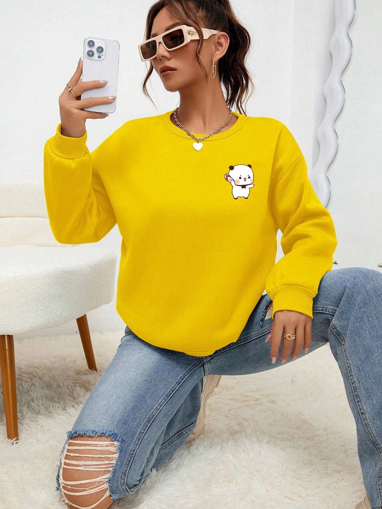 Lovely Bubu Is Throwing Flip-Flops At Dudu  Printing Sweater Women Fashion O-Neck Hoodies Autumn Fleece Pullover Comfortable Top 2