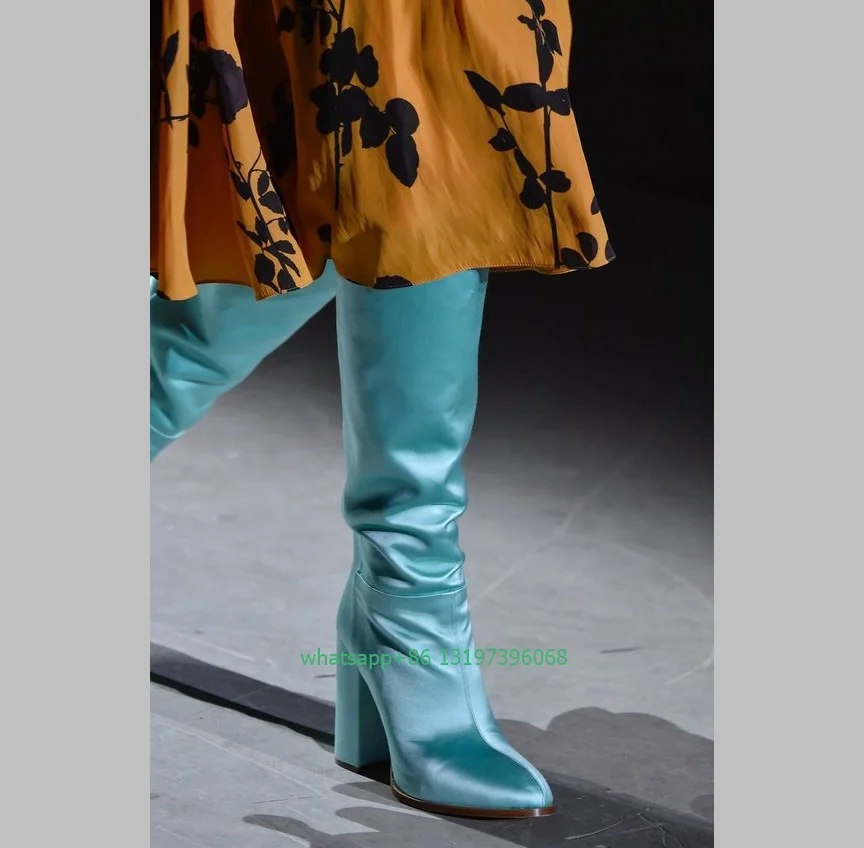 

Lady baby blue color stain design knee boots pointed toe chunky heel stain elegant party T SHOW dress boots size 35-46 footwear