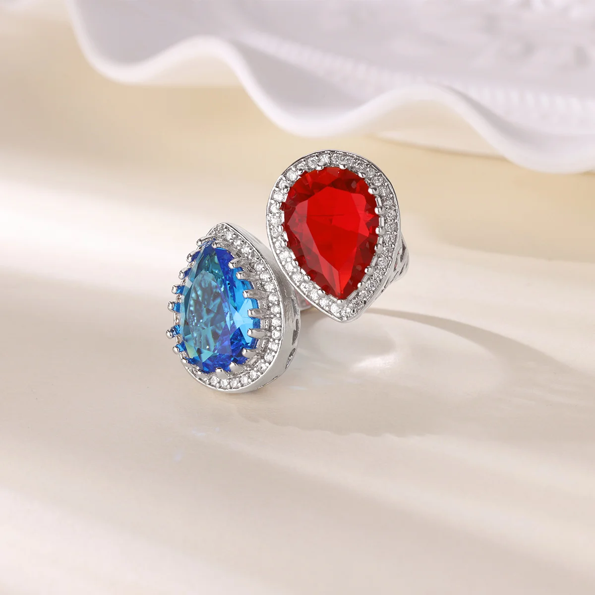 Red&Blue Zirconia Waterdrop Rings for Women