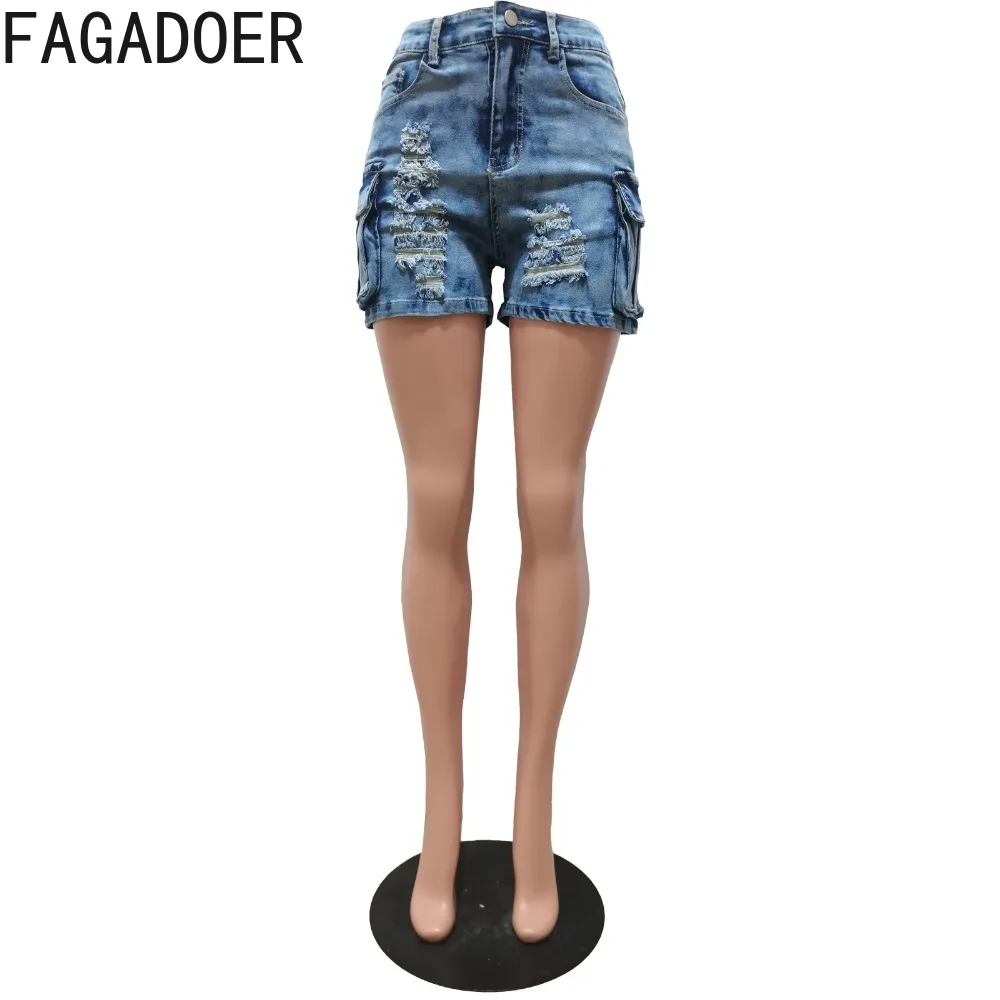 FAGADOER Fashion Tie Dye Blue Print Hole Pocket Denim Shorts Women High Waist Button Cargo Jean Female Elasticity Cowboy Bottoms