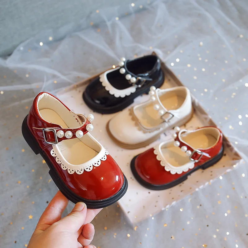 

Baby Girls Leather Shoes Kids Flats for School Toddlers Children Princess Dress Shoes Pearl Buckle Fashion Sweet Cute Soft 21-30