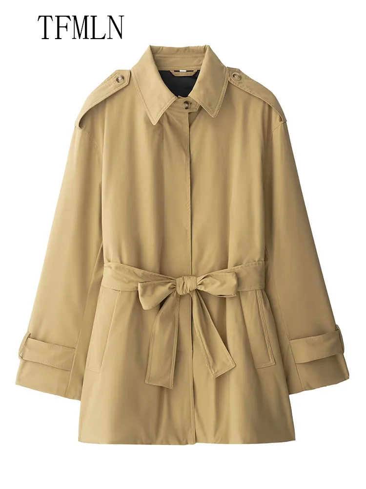 2025 Autumn Women Causal Jackets With Belt Fashion Turn Down Collar Single Breasted Loose Coats Vintage Solid Chic Streetwear