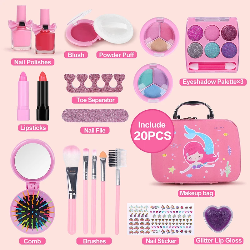 Maquiagem para meninas, conjunto de 21 peças simulação de brinquedo de  maquiagem para meninas com bolsa de cosméticos, jogo de maquiagem de  princesa, conjunto completo realista, brinquedo de maquiagem infantil para  festa