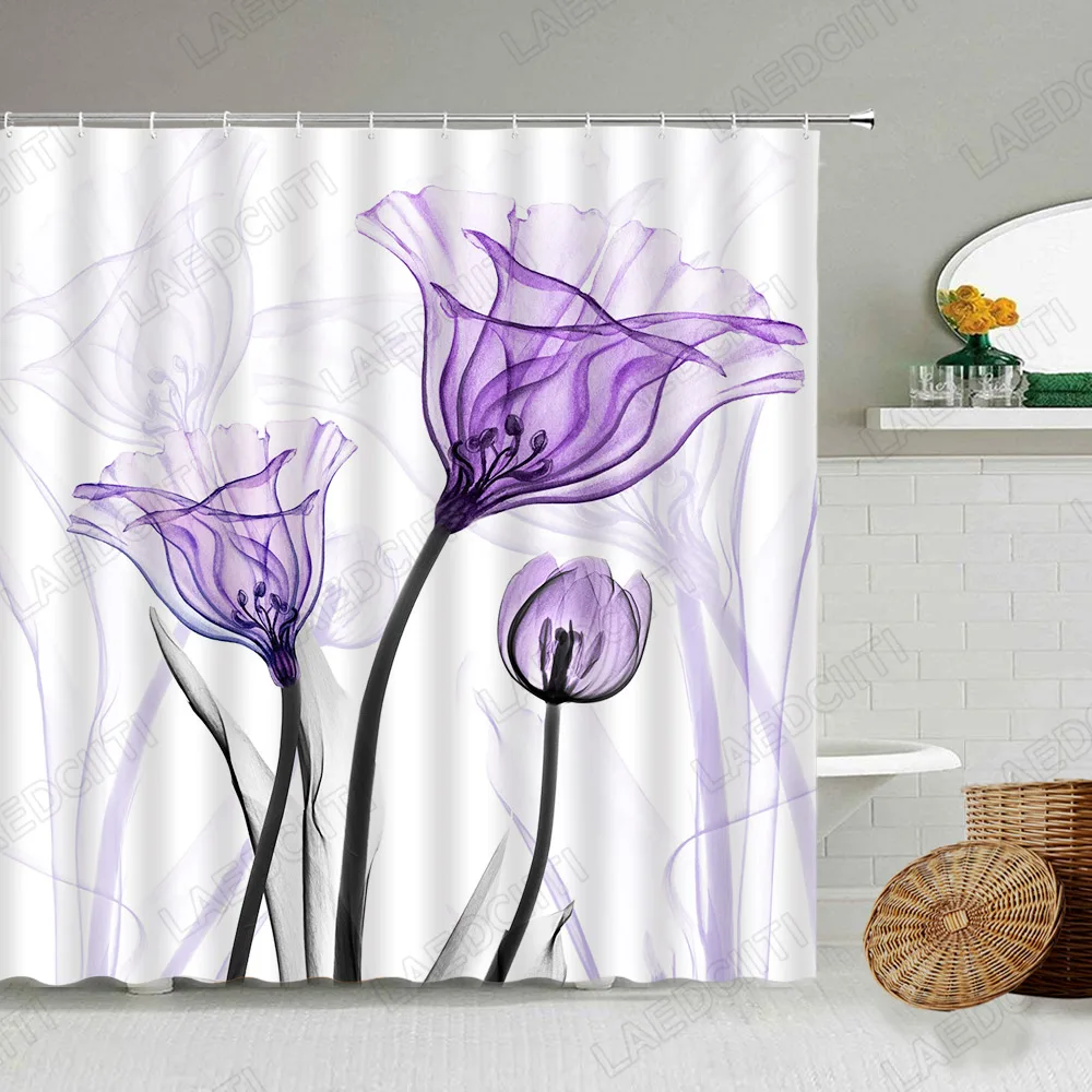 Purple Tulip Shower Curtain Creative X-ray Flowers Plants Bath Curtains Modern Simple Fabric Home Bathroom Decor Set With Hooks