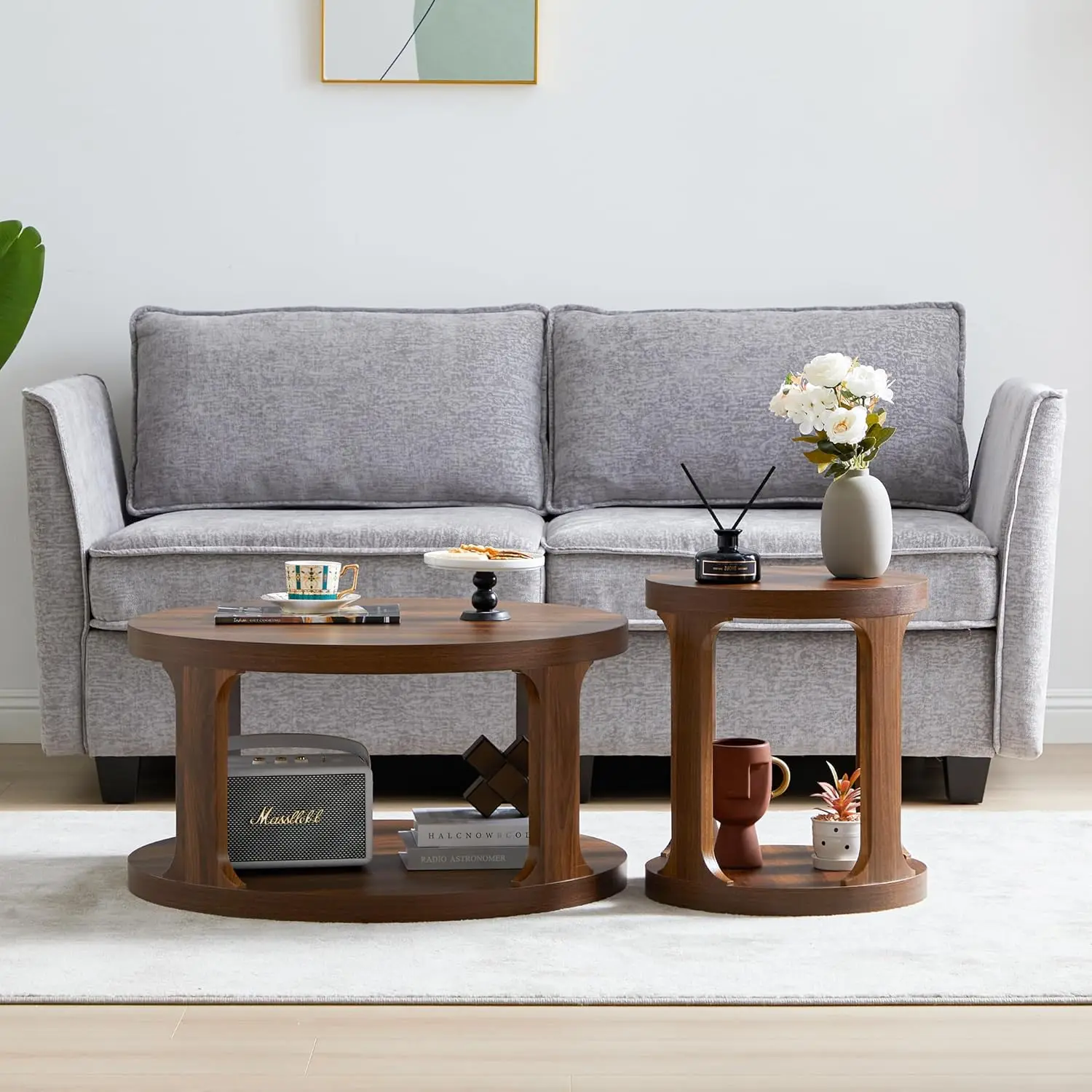 Coffee Table and End Table Set of 2, Round Coffee with 2-Tier Storage, Accent Side for Living Room (Walnut-1)