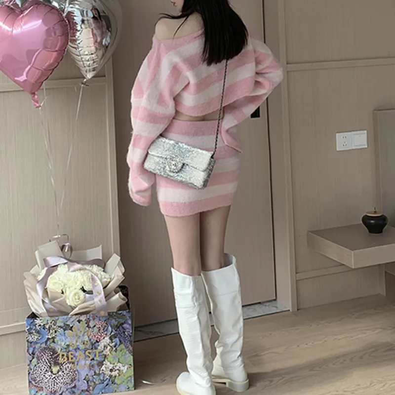 Autumn Striped Two-piece Skirt Set Women Long Sleeve Cropped Off Shoulder Top Bodycon Mini Skirt Korean Fashion Suits New