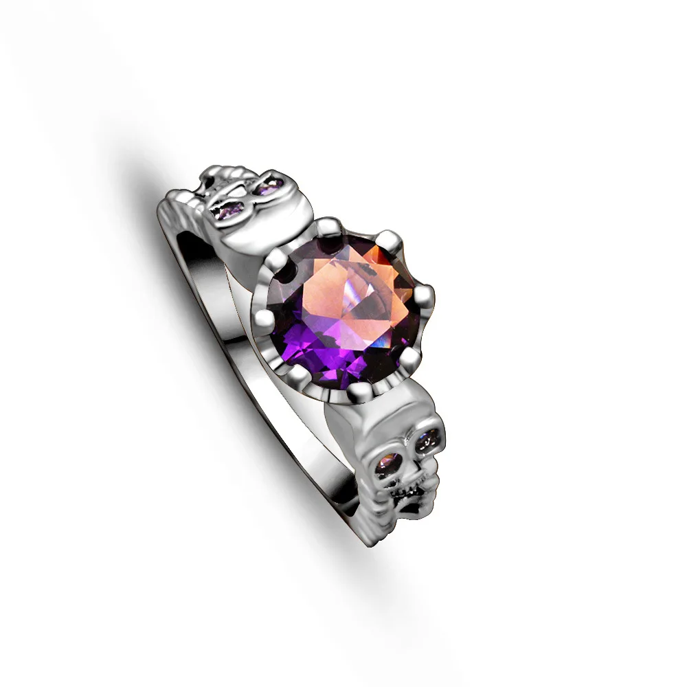 Personality sweet cool wind skull purple diamond ring hip hop tide Black Gho