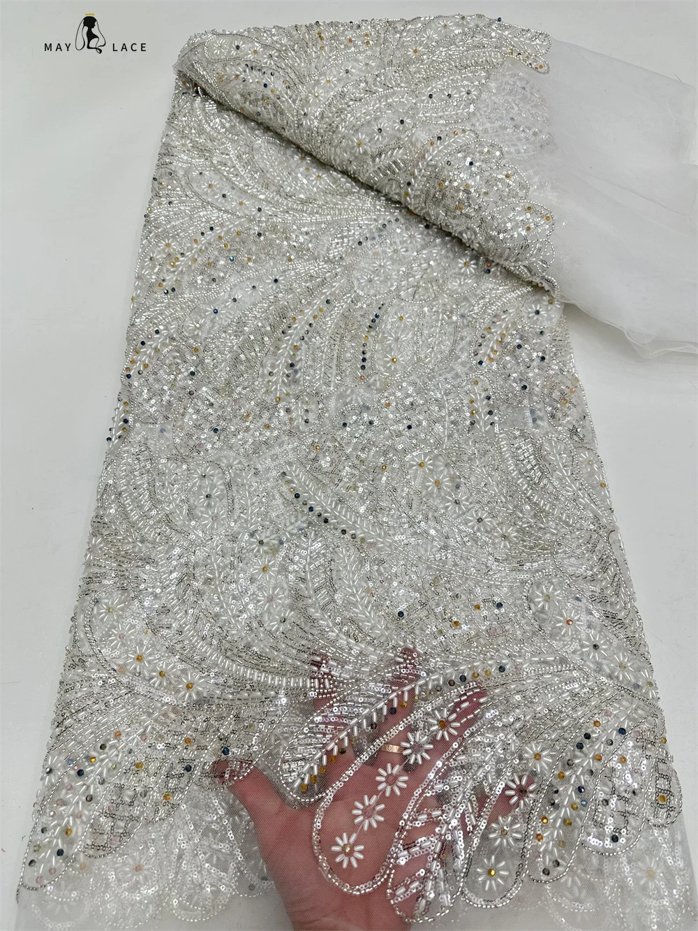 

Sequins Beaded Lace Fabrics African Lace Fabric 2024 Beautiful High Quality French Mesh Lace Fabric 5 Yards For Wedding dress