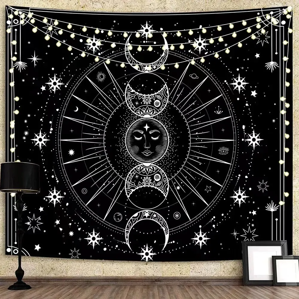 Psychedelic Sun And Moon Constellation Tapestry Bedroom Decoration Black And White Pattern Wall Hanging 1 Piece Of 75x58CM tapestry decor