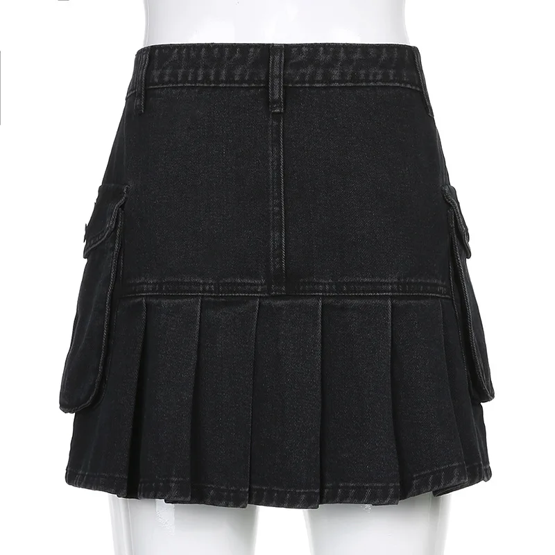 Mall Goth Y2K High Waist Jean Skirts E-girl Aesthetics Black Denim Pleated Skirts with Big Pockets Grunge Punk Outfits 2022 blue skirt