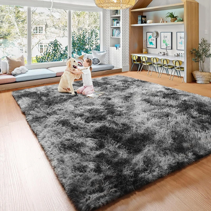 Modern Nordic fluffy velvet carpet in solid tie-dye color for living room.
