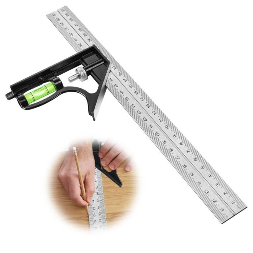 300MM Square Head with Aluminium Handle, 45/90 Degree Angle, Stop Angle Ruler with Level and Marking Pin, Angle Measuring Tool