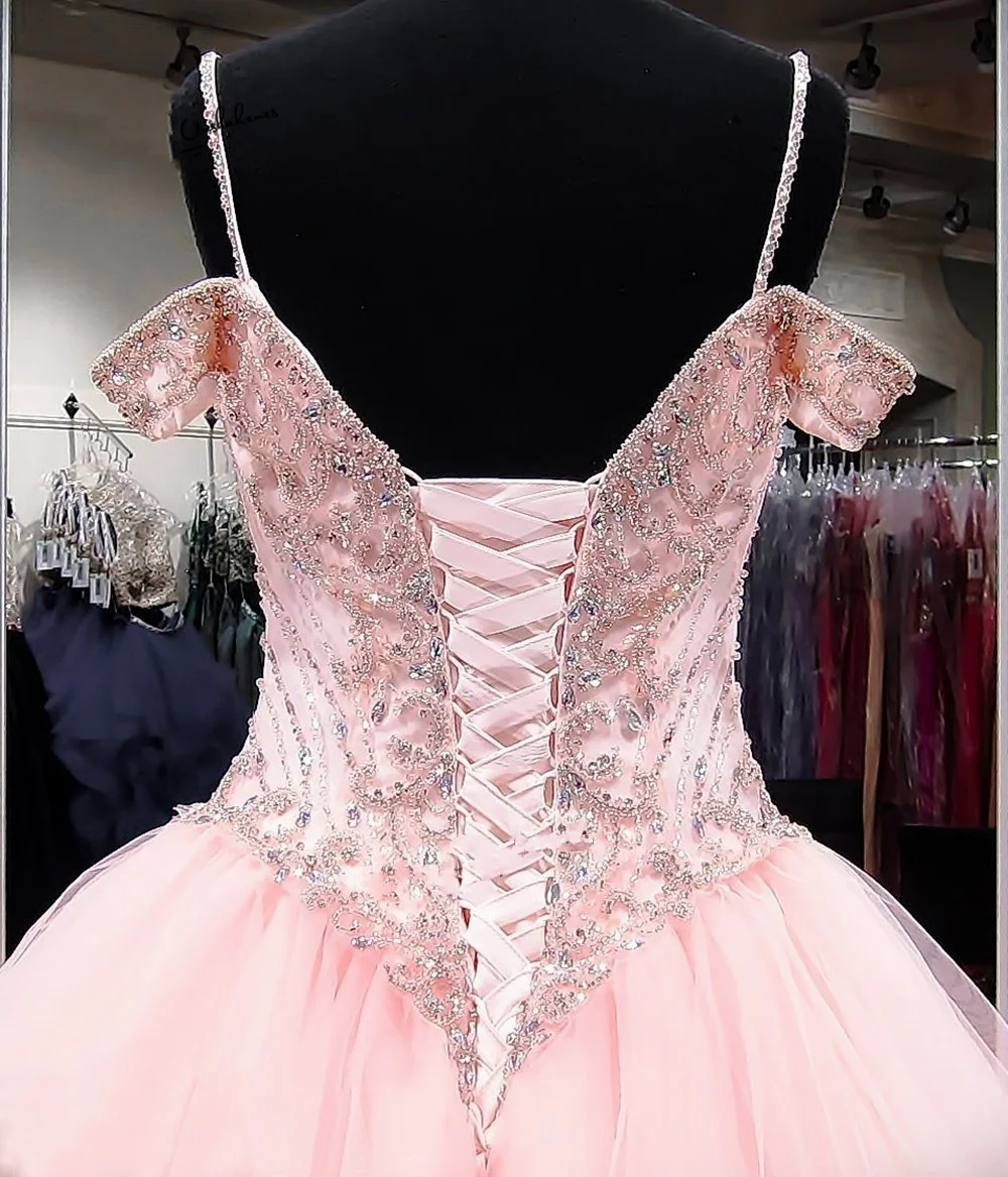 Sparkly Pink Quinceanera Dresses For 15 Years Old Crystals Beaded Gowns Ballkleid Plus Size ANGELSBRIDEP