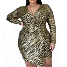 

Plus Size Wrap Mini Dress Women Long Sleeve V Neck Golden Sequin Spring Autumn Casual Dresses Large Sizes Clothing Female