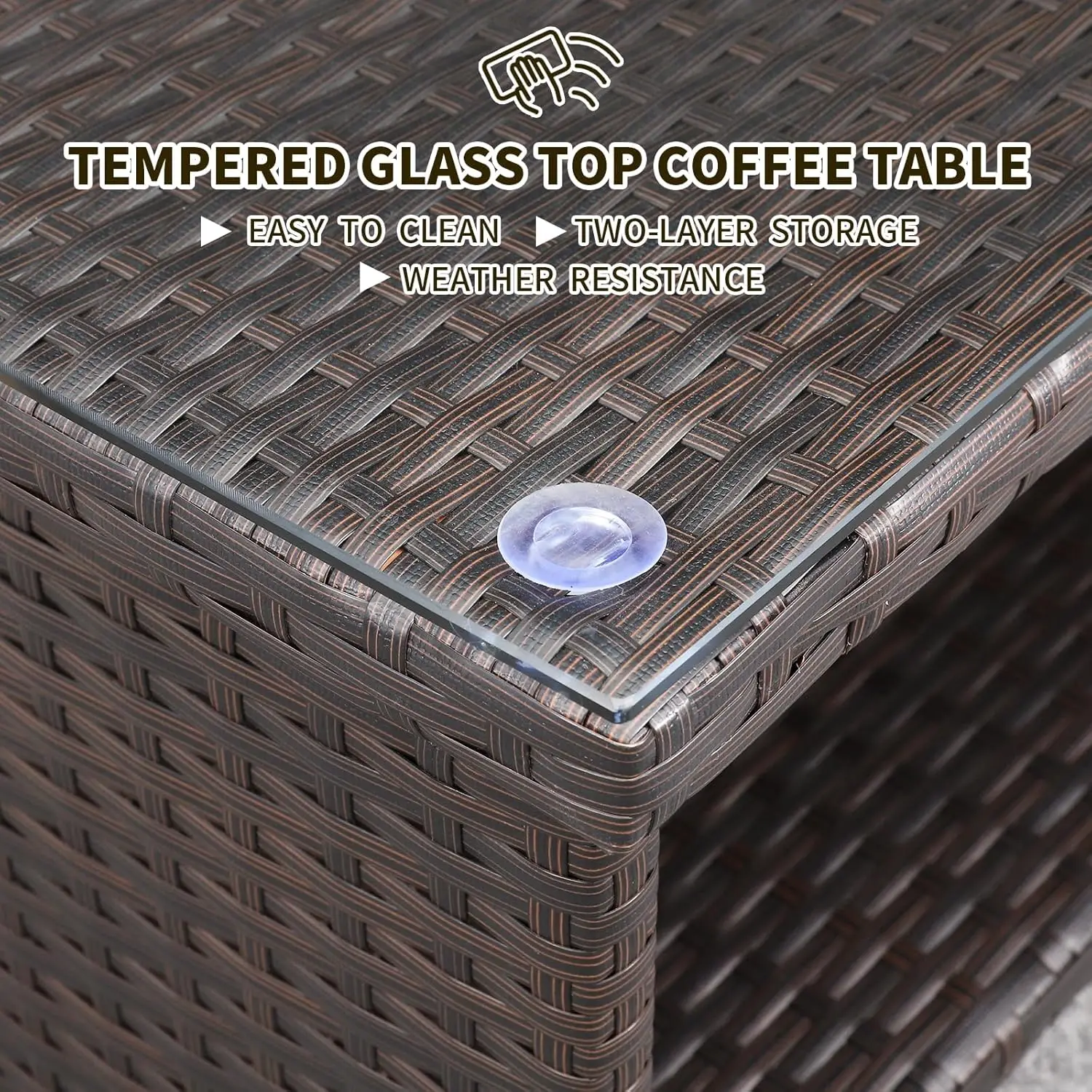 Outdoor PE Wicker Coffee Table - Patio Rattan Garden Side End Tea Table with Glass Top Furniture, Brown