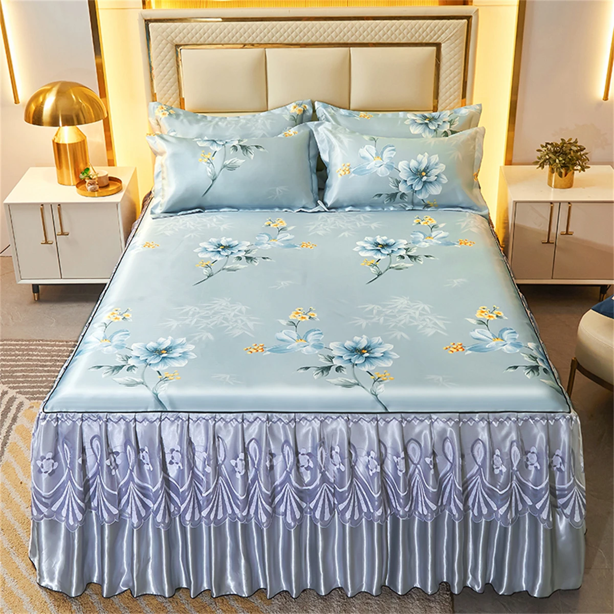 3Pcs，Home printed bed skirt cool bedroom bed skirt three sets two pillowcases a bed skirt